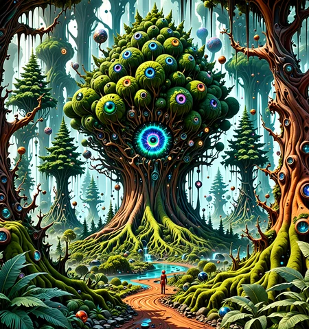 helios, famous artwork inspired by (abzu:1.1) and (fay jones:1.3) and (john berkey:1.4) and (dave allsop:1.3) and (beeple:1.1), detailed expressive eyes, fantasy style, the majestic "brave gootchsquibble", seen here decorated in crystalline mogglesnap, playfully zorbgaffles through the dense gnarled jungle of verdant nurblflam and flunking trees on the dreaded paradisical planet "m-9999", (Use Dream Diffusion Secret Prompt) <lora:helios2:1>