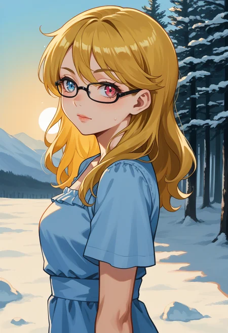 score_9, score_8_up, score_7_up, source_anime BREAK, 1girl, looking at viewer, confidant, assertive female, arctic, snow, from side, cowboy shot
<lora:zs_LouisaImagineXL:1> louisaimagine, blonde hair, medium hair, red eyes, blue eyes, heterochromia, glasses, light blue sun dress