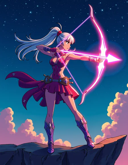 Vibrant and exaggerated aesthetics, anime style, A fierce warrior with long, silvery hair pulled into a high ponytail draws a glowing, ethereal bow. Her armor is adorned with star-like patterns, and the arrow is a beam of concentrated light. She stands on a cliff under a sky filled with constellations that shift and shimmer as if responding to her command. The scene captures the tension and grace of her form as she prepares to release the arrow. <lora:xlranime-sushio:1.0>