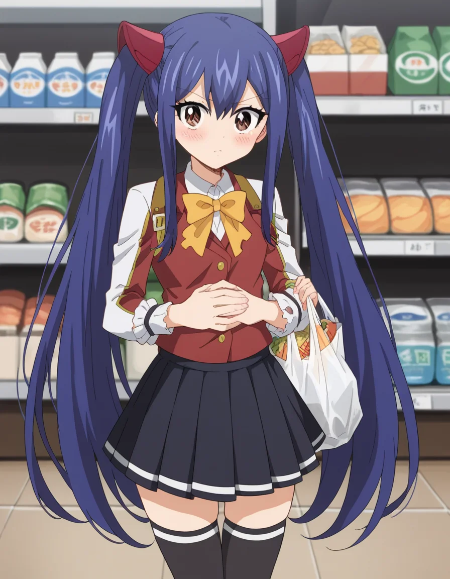 score_9, score_8_up, score_7_up, source_anime, <lora:wendy-marvell-100yq-ponyxl-lora-nochekaiser:1>, wendy marvell, long hair, hair ornament, ribbon, hair between eyes, twintails, brown eyes, very long hair, blue hair,, skirt, thighhighs, bow, ribbon, pleated skirt, black thighhighs, bowtie, black skirt, zettai ryouiki, yellow bow, yellow ribbon, grocery store, cashier, shopping bag, scanning items, small talk, everyday routine, , looking at viewer, hands on stomach, blush,, solo,, dutch angle,