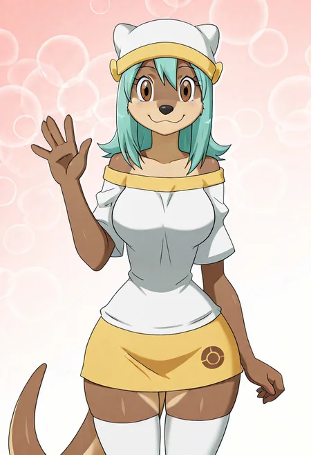 masterpiece, best quality, solo, curvy, beautiful eyes, large breasts, aged up, narrow waist, wide hips, furry female, otter, solo, smile, looking at viewer, zzYumei, brown eyes, aqua hair, animal ear headwear, white shirt, bare shoulders, yellow miniskirt, white thighhighs, zettai ryouiki <lora:YumeiByKurumiErika_IXL:1.0>, one hand raised, waving, standing pose, cowboy shot, smile, looking at viewer,
