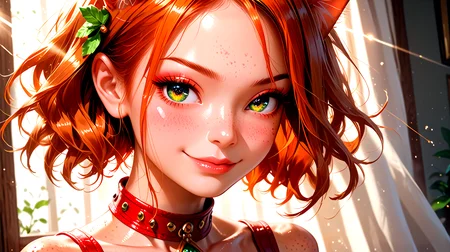 18 years old, 5 ft. tall (165 cm), and weighs 100 lbs. <lora:K1ttenPonyv2:0.6>, Kitten is a woman with long ginger hair, sparkling green eyes, freckles, and many body freckles. She also has ginger cat ears and tail. In her default Magician class, Kitten's outfit consists of a red leotard with a wrap-around garment at the waist that forms a cape, along with a hair ornament, choker, gloves, and boots. She has a closed mouth smirk,
1 girl, cute, (petite), sultry look, seductive, looking at viewer, <lora:DetailedEyes_V3:1>
(closeup:0.8),
<lora:MythP0rtr4itStyle:0.4> mythp0rt,
PonyScores7,
glistening shiny skin, sexy,
naughty, (cleft of Venus:0.7),
epic beautiful lighting, god rays, light beams, volumetric lighting, rim lighting,
masterpiece, beautiful and detailed brightness, (goosebumps:0.5), subsurface scattering, ultra realistic, textured skin, visible skin detail, skin fuzz, cute, <lora:FaeStyle:0.8>