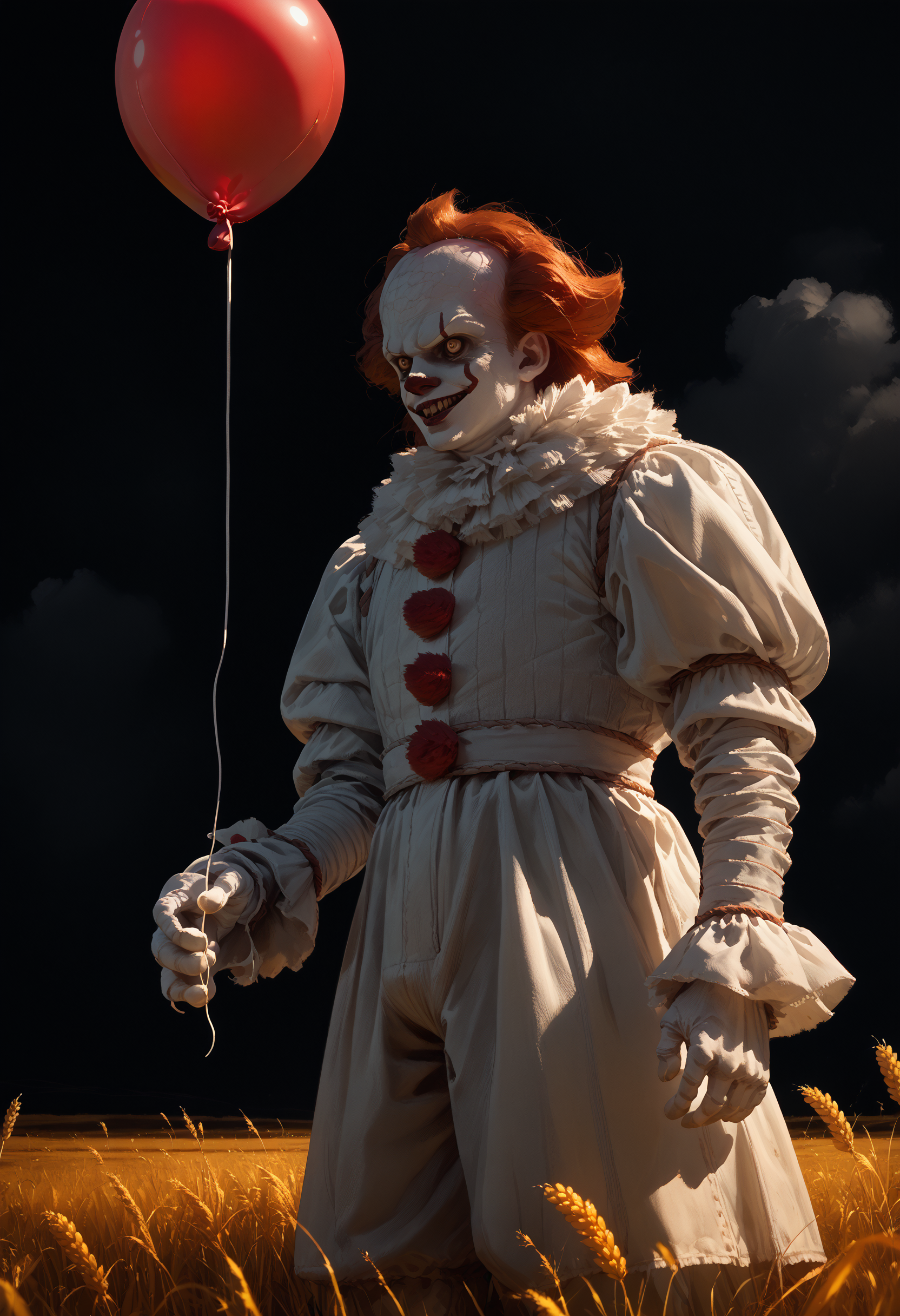score_9, score_8_up, score_7_up, score_6_up, 1boy, monster, white costume, solo,
red balloon,holding balloon,
dark theme, field, wheat, cloudy sky, 
<lora:pennywise_v0.6-pony:1>
<lora:dark_v1.9-pony:1>