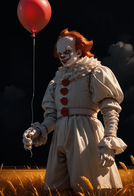 score_9, score_8_up, score_7_up, score_6_up, 1boy, monster, white costume, solo,
red balloon,holding balloon,
dark theme, field, wheat, cloudy sky,
<lora:pennywise_v0.6-pony:1>
<lora:dark_v1.9-pony:1>