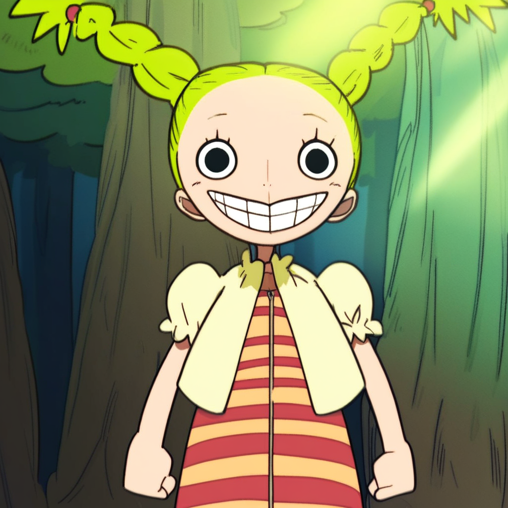 score_9, solo, chim_op, 1girl, blonde hair, twin braids, striped, dress, puffy sleeves, clenched hand, looking at viewer, smile, forest, natural lighting
