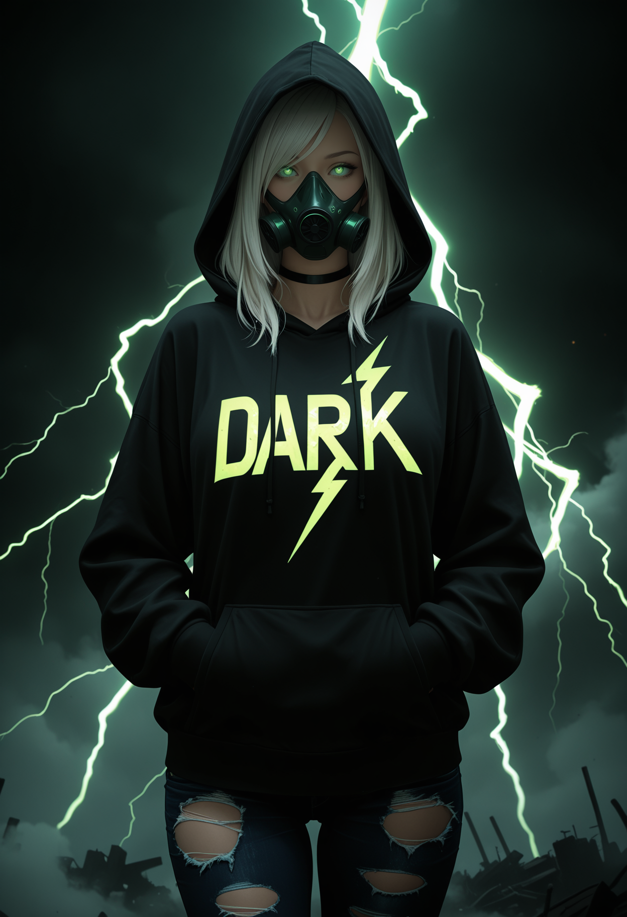 masterpiece, best quality, newest, absurdres, highres, photorealistic,
post-apocalypse, green lightning, fog, energy, abstract background, dark background,
1girl, solo, glowing eyes, green eyes, white hair, swept bangs,
black hoodie, hood up, torn jeans, black pants, black choker, gas mask,
hands in pocket,
upper body,
BREAK;
<lora:Harrlogos_v1.1:1> (("Dark":2.0) text logo, clothes writing, green neon lights, lightning bolt symbol),