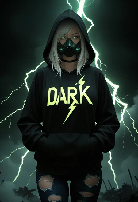 masterpiece, best quality, newest, absurdres, highres, photorealistic,
post-apocalypse, green lightning, fog, energy, abstract background, dark background,
1girl, solo, glowing eyes, green eyes, white hair, swept bangs,
black hoodie, hood up, torn jeans, black pants, black choker, gas mask,
hands in pocket,
upper body,
BREAK;
<lora:Harrlogos_v1.1:1> (("Dark":2.0) text logo, clothes writing, green neon lights, lightning bolt symbol),