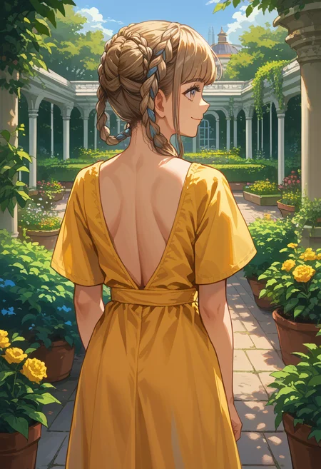 score_9, score_8_up, source_anime, 1girl, solo, PopeJoan, long hair, braided hair rings, from behind, yellow sundress, garden, day, sunshine, smile, looking back, <lora:ChamPopeJoanPonyXL:1>
