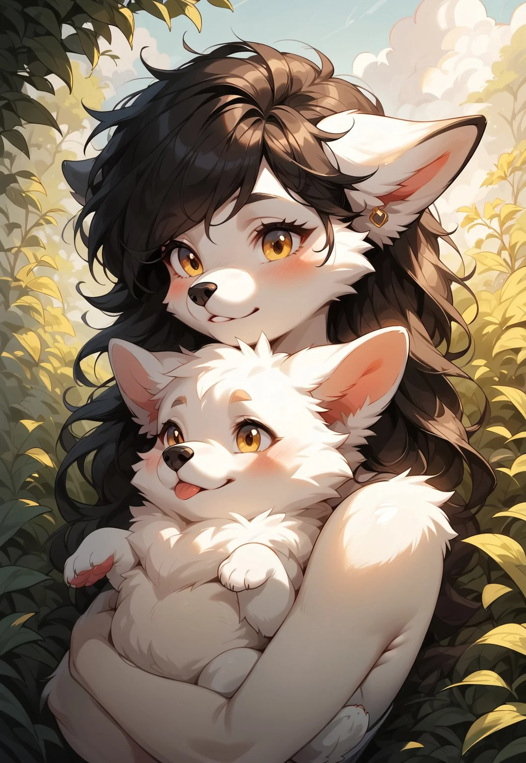 masterpiece, score_9_up, score_8_up, score_7_up, score_6_up, source_furry, (best quality:1.1), ultra-detailed, high resolution, solo, highly detailed macro illustration, Zoya, anthro, caninne, (white fur), (white fluff ears:1.1), black ear tips, fluffy tail, black hair, bangs, ((beautiful detailed yellow eyes)), long eyelashes, black animal nose, (cute expression, cute face:1.1), outside, (beautiful detailed eyes) BREAK baby dog, (hugging baby dog:1.3) BREAK outside, sharp focus, perfect lighting, anatomically correct, extremely detailed, tranquil setting, high detail, serene, Expressiveh, detailed background, OverallDetail, zPDXL3