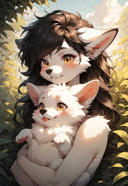 masterpiece, score_9_up, score_8_up, score_7_up, score_6_up, source_furry, (best quality:1.1), ultra-detailed, high resolution, solo, highly detailed macro illustration, Zoya, anthro, caninne, (white fur), (white fluff ears:1.1), black ear tips, fluffy tail, black hair, bangs, ((beautiful detailed yellow eyes)), long eyelashes, black animal nose, (cute expression, cute face:1.1), outside, (beautiful detailed eyes) BREAK baby dog, (hugging baby dog:1.3) BREAK outside, sharp focus, perfect lighting, anatomically correct, extremely detailed, tranquil setting, high detail, serene, Expressiveh, detailed background, OverallDetail, zPDXL3