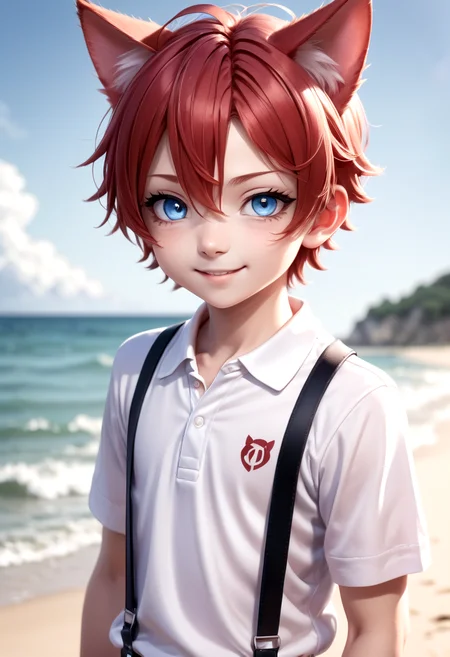 (1boy:1.2), beach, smile, ( crimson cat ears:1.4), (red ears), male face, male body, more details in eyes, (very short hair:1.2), hair between eyes, cute, adorable boy, cute face, detailed face, handsome, young, juvenile, white skin, eyeshadow, crew cut, crimson hair, details sky, looking at viewer, blush, blue eyes, full shot, red suspenders, (pants), (white polo shirt), aki,
(masterpiece:1.2), best quality, high resolution, unity 8k wallpaper, (illustration:0.8), (beautiful detailed eyes:1.6), extremely detailed face, perfect lighting, extremely detailed CG, (perfect anatomy),