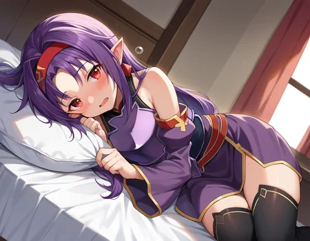 score_9, score_8_up, score_7_up, source_anime,
yuukikonno, <lora:yuuki-konno-ponyxl-lora-nochekaiser:1>,
yuuki konno, hairband, long hair, pointy ears, purple hair, red eyes,
black thighhighs, detached sleeves, thighhighs, dress, purple dress, armor, purple armor,
indoors, bed, bed room, on side, blush, drunk,
looking at viewer, cowboy shot, solo, dutch angle,