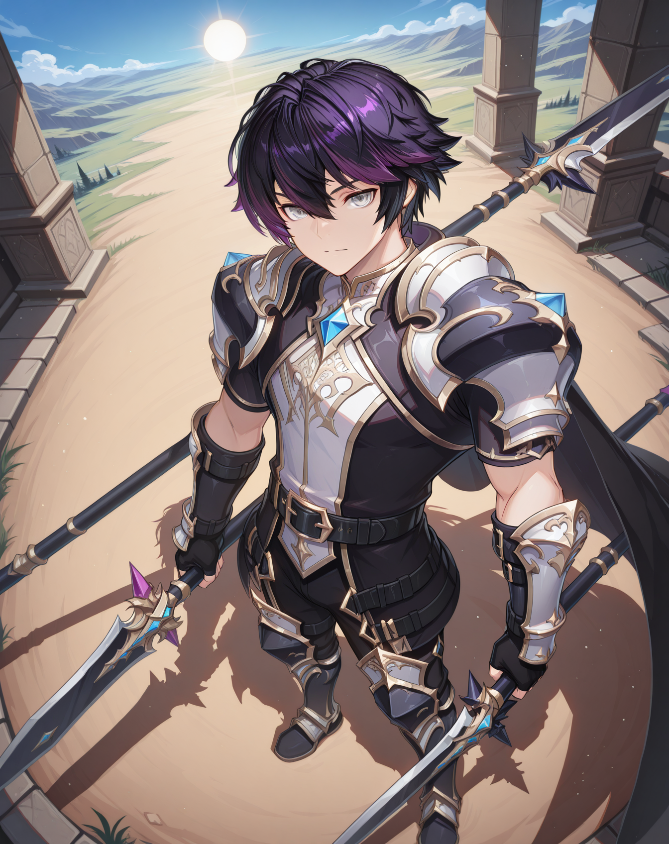 masterpiece, amazing quality, best quality, absurdres, very aesthetic,
1boy, solo, yaoi, male focus, full body, from above, standing, looking at viewer, face focus,
<lora:Sieghart_T_Default_ilxl:1> siegtdefault, black hair, multicolored hair, purple hair,hair between eyes, short hair, two-tone hair, grey eyes,
fingerless gloves, shoulder armor, black cape, black belt, black gloves, armored boots, black pants, fantasy, gauntlets, pauldrons, shirt, short sleeves,
holding weapon, holding polearm,holding sword, dual wielding, spear,weapon over shoulder, 
outdoors, day, blue sky, sun,