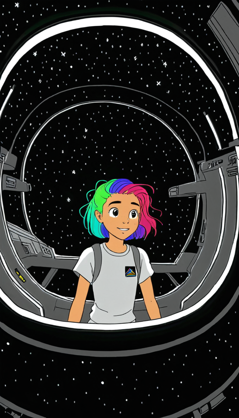 A teen girl with rainbow hair navigates a star ship in a space simulator at Space Camp. <lora:Epic_ZZT_Ultra_XL:1.2>