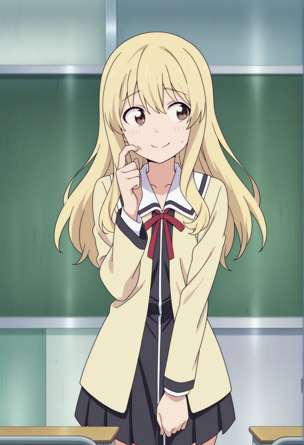 anime screenshot, anime screencap, anime coloring, 1girl, blonde hair, brown eyes, troubled, scratching cheek, looking to the side, indoors, classroom, nervous smile, cowboy shot <lora:aho_blondie:1>, masterpiece, best quality, amazing quality, very aesthetic, absurdres, highres, newest