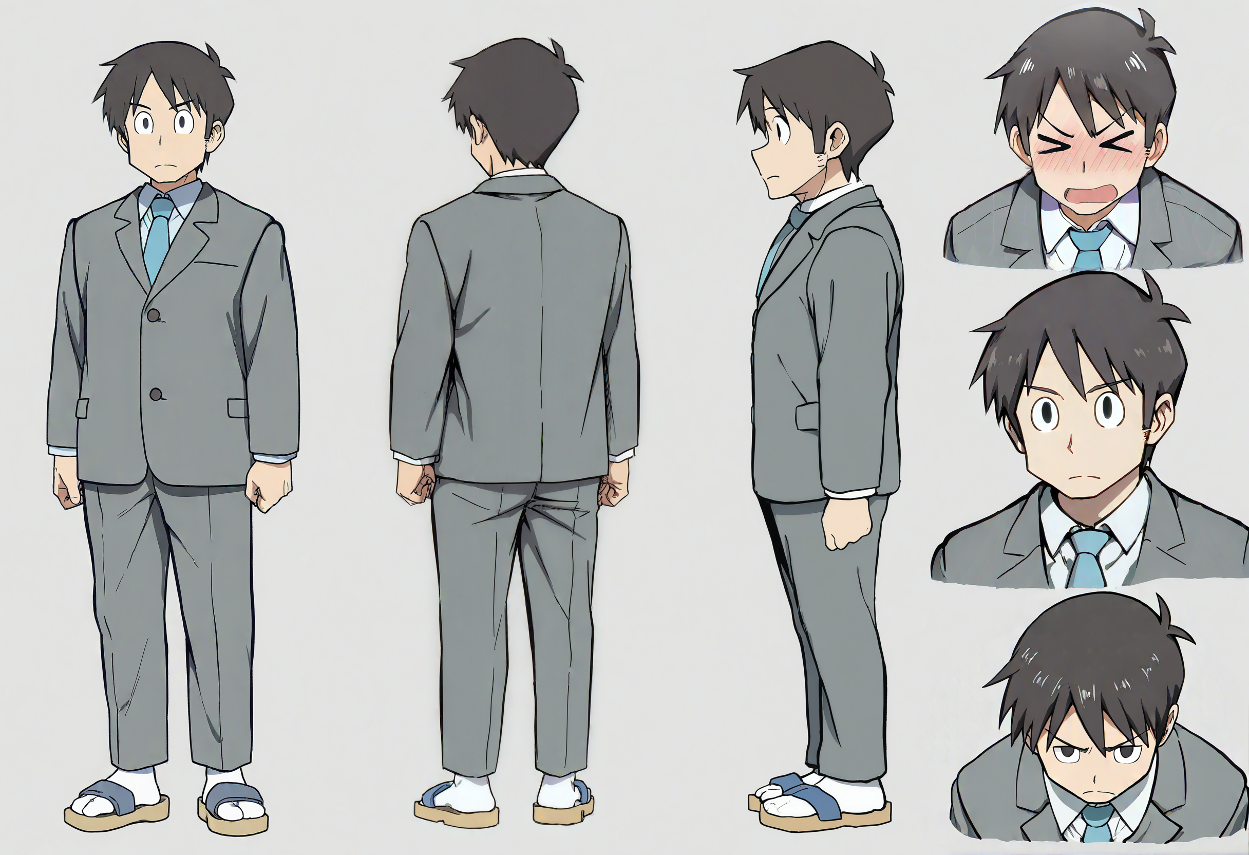 masterpiece, best quality, newest, absurdres, highres, very awa, 1boy, male, male focus, takasaki manabu, black eyes, collared shirt, grey jacket, blue necktie, grey pants, sandals, white socks, reference sheet, multiple angles, turnaround