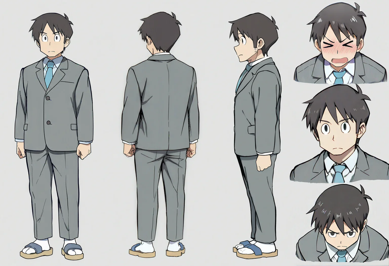 masterpiece, best quality, newest, absurdres, highres, very awa, 1boy, male, male focus, takasaki manabu, black eyes, collared shirt, grey jacket, blue necktie, grey pants, sandals, white socks, reference sheet, multiple angles, turnaround