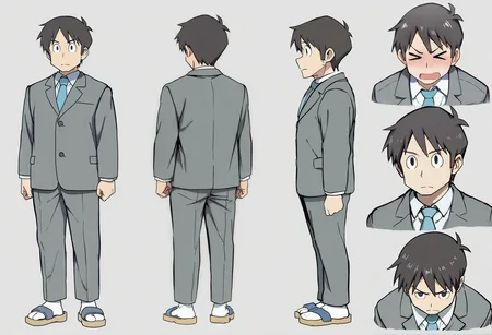 masterpiece, best quality, newest, absurdres, highres, very awa, 1boy, male, male focus, takasaki manabu, black eyes, collared shirt, grey jacket, blue necktie, grey pants, sandals, white socks, reference sheet, multiple angles, turnaround