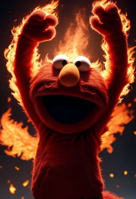 score_9, score_8_up, elmo, muppet, (cute), red fur, thin torso, demonic laugh, arms up, arms straight, looking upwards, upper body, (((flames in the background))),  red sky, surrounded by fire, fire in the background, everything on fire, debris in the air, mad-flames, photo