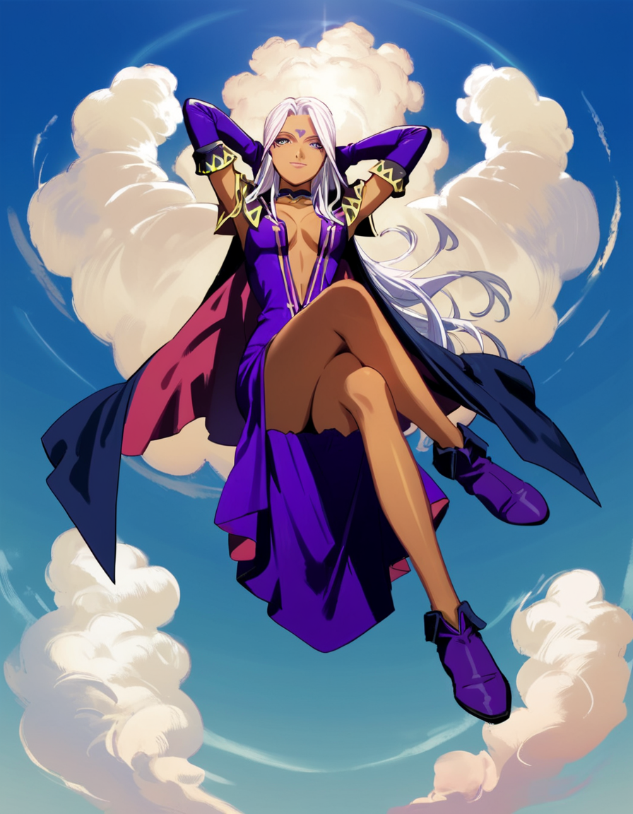 score_9, score_8_up, score_7_up, score_6_up, score_5_up, score_4_up, source_anime,  Urd, looking at viewer, smile, gloves, dress, cleavage, sitting, full body, boots, detached sleeves, sky, choker, day, elbow gloves, cloud, armpits, cape, arms up, dark-skinned female, blue sky, legs, no bra, makeup, crossed legs, lipstick, arms behind head, breasts apart, purple dress, side slit, long legs, center opening, purple gloves, purple footwear, plunging neckline