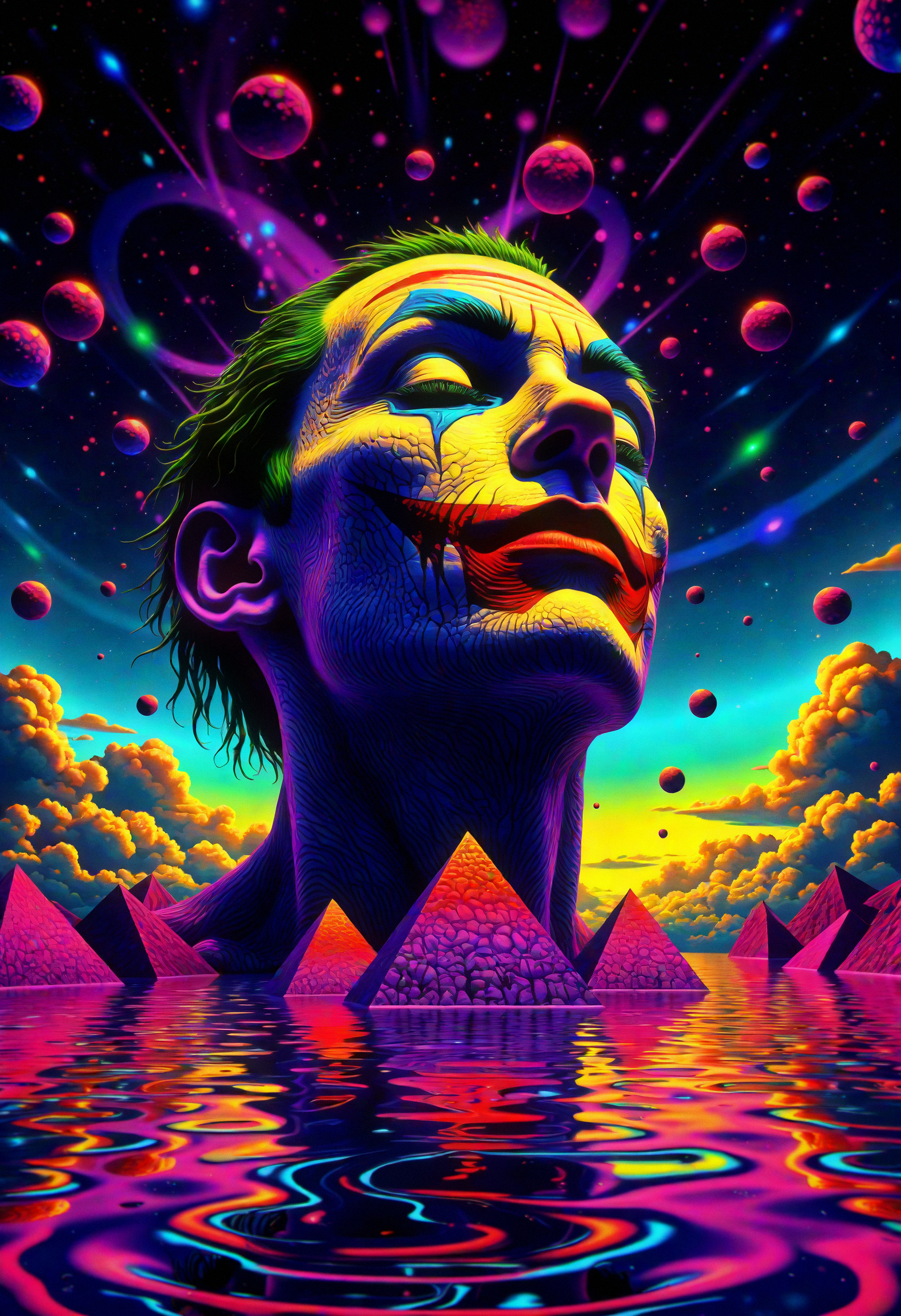 surrealist art A giant Joker head, with infinite eyes spread across its surface, emerges from the horizon. Floating pyramids orbit around it, casting surreal shadows on the distorted landscape below. In the background, a sky filled with swirling neon clouds and streaks of light creates a psychedelic atmosphere, as the ground ripples like liquid beneath the head.  , ,Velvia 100 . dreamlike, mysterious, provocative, symbolic, intricate, detailed, <lora:Flux\boFLUX Psychedelic Surrealism v1.safetensors:1.0:1.0>