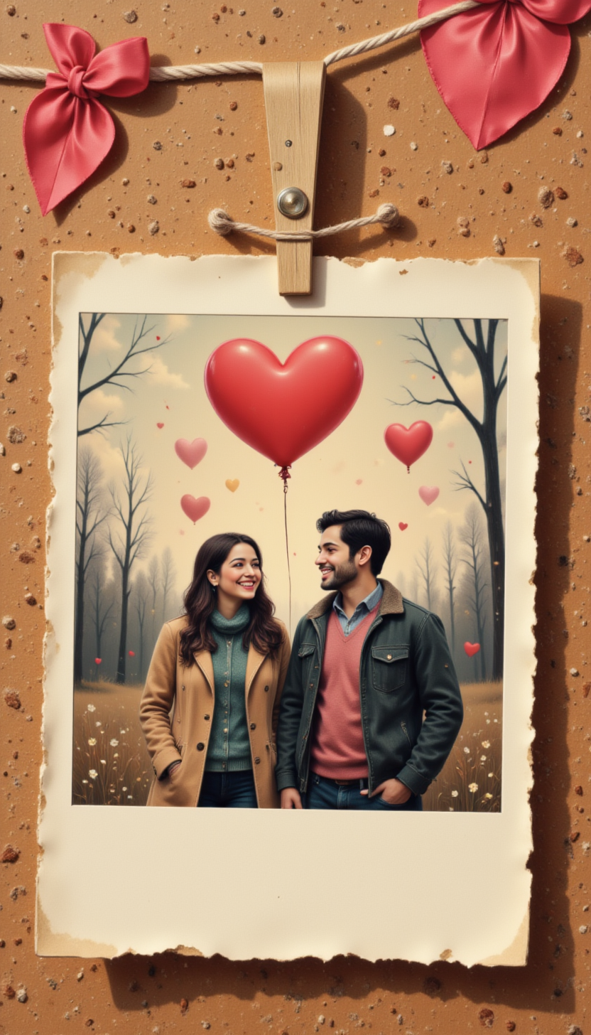 pinkvintagevalentine,
A faded polaroid picture pinned to a corkboard, showing a blurry image of two people laughing under heart-shaped balloons, evoking nostalgic warmth.