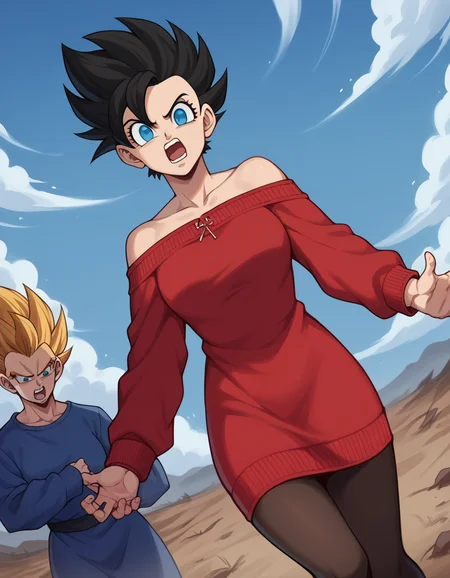 score_9, score_8_up, score_7_up, source_anime, <lora:super-saiyan-ponyxl-lora-nochekaiser:1>, super saiyan, spiky hair, aura, open mouth, closed hands, shouting, breast,
<lora:yor-briar-s1-ponyxl-lora-nochekaiser:1>,
bare shoulders, collarbone, dress, long sleeves, off shoulder, off-shoulder dress, off-shoulder sweater, pantyhose, red sweater, sweater, sweater dress, thighs,
wasteland, sky, blue sky, clouds,, cowboy shot, dutch angle, looking at viewer,