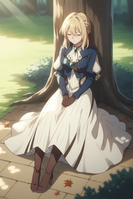 score_9, score_8_up, score_7_up, score_6_up, score_5_up, score_4_up, BREAK source_anime, 1girl, solo,
<lora:VioletEvergardenXL-v1-07:0.6>, ChopioViolet, blonde hair, medium hair, hair ribbon, red ribbon, hair between eyes,
braid, mature female,
outfit_1, blue jacket, cropped jacket, brooch, white ascot, white dress, chest strap, juliet sleeves, puffy shoulder long sleeves, brown gloves, ruffles,
high heel boots, brown footwear,
forest, tree, sitting, sleeping, dappled sunlight, light rays, falling leaves, on floor, against tree,
