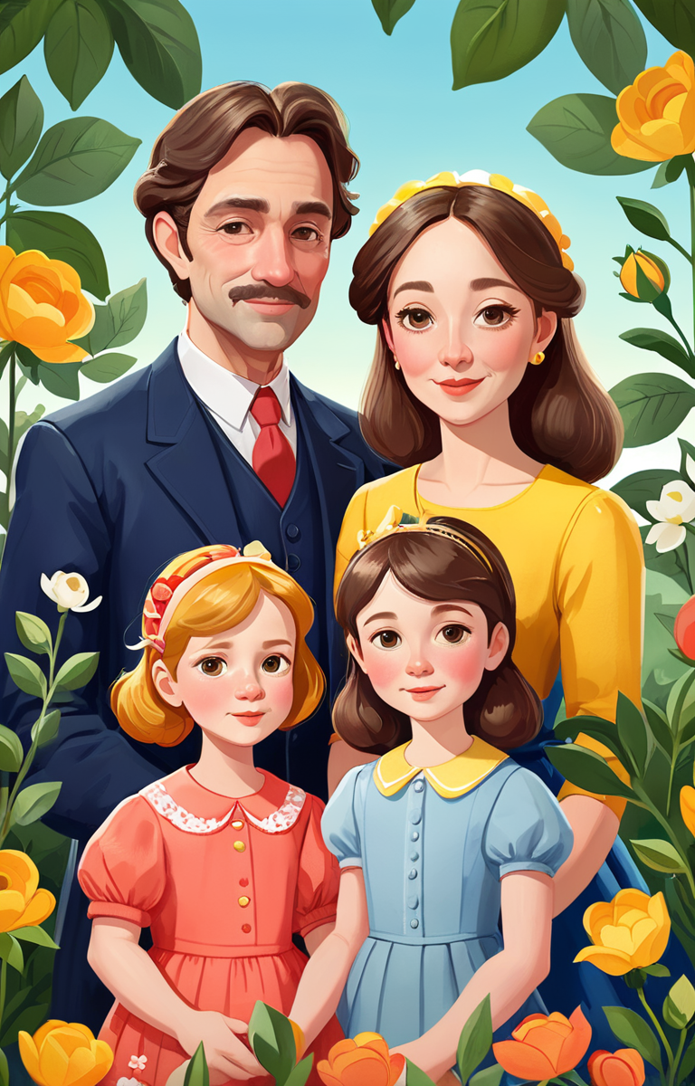 masterpiece,best quality,<lora:tbh77-sdxl:0.8>,illustration,Style of Flora Waycott portrait of family