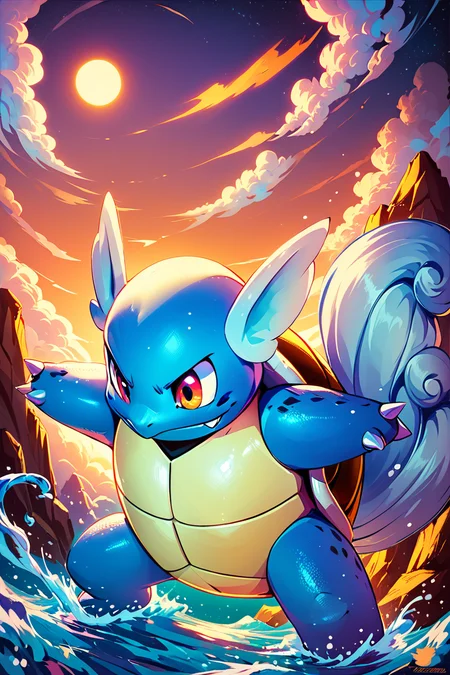 score_9, score_8_up, score_8, <lora:WartortlePokedexPDXL:1.0>, zzWartortle, no humans, fierce expression, standing on a rocky shore, crashing waves, glowing blue aura, water splashing everywhere, stormy sky background, dynamic pose, intense atmosphere, detailed shell and fins embedding:zPDXL, <lora:SDXLFaeTastic2400:0.5>, <lora:Hyperdriver_PDXL_v5:0.8>,