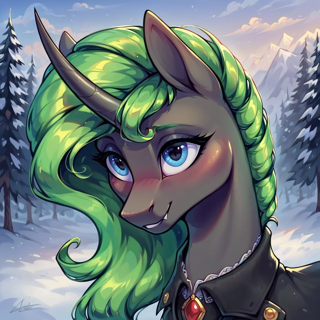 masterpiece, score_9, score_8_up, score_7_up, (best quality:1.1), ultra-detailed, high resolution, solo, Aurantia, changeling queen oc, mlp, feral, black skin, (long mint-green mane, tail), (((beautiful detailed dark blue eyes))), long eyelashes, single horn, ears, Insect wings, black coat, detailed clothing, fang, highly detailed macro illustration, smiling, blushing, outside, Highly Visible, (((8k))), sharp focus, perfect lighting, anatomically correct, extremely detailed, shine on body, (Snowy wastelands), high detail, cute face, Expressiveh, detailed background, OverallDetail, zPDXL2