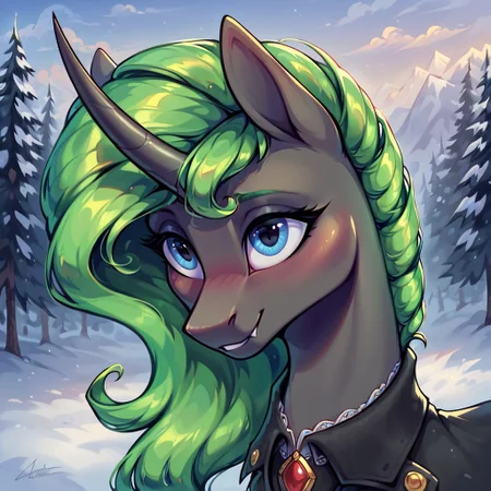 masterpiece, score_9, score_8_up, score_7_up, (best quality:1.1), ultra-detailed, high resolution, solo, Aurantia, changeling queen oc, mlp, feral, black skin, (long mint-green mane, tail), (((beautiful detailed dark blue eyes))), long eyelashes, single horn, ears, Insect wings, black coat, detailed clothing, fang, highly detailed macro illustration, smiling, blushing, outside, Highly Visible, (((8k))), sharp focus, perfect lighting, anatomically correct, extremely detailed, shine on body, (Snowy wastelands), high detail, cute face, Expressiveh, detailed background, OverallDetail, zPDXL2