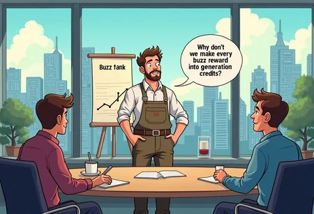 A cartoon scene depicting a business meeting, in a meeting room inside a skyscraper, with a beautiful view of the city, there's a man with overalls, button shirt, and checkered pants in front of a line graph labeled "Buzz tank", this man is telling the other business men "Why don't we make every buzz reward into generation credits?"