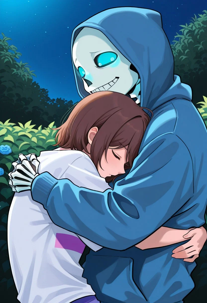 score_9, score_8_up, score_7_up, score_6_up, aoj_sr, 2d, source_cartoon,
night,garden,closer look, close view, duo,
(1male,s4ns,skeleton,one blue glowing eyes,skull,skeleton arms,skeleton body,oversized,white t-shirt),
holding, face to face, sideview, hugs, head on chest,
(1woman,frisk,woman,closed eyes,brown hair,blue hoodies,big breasts,short hair),