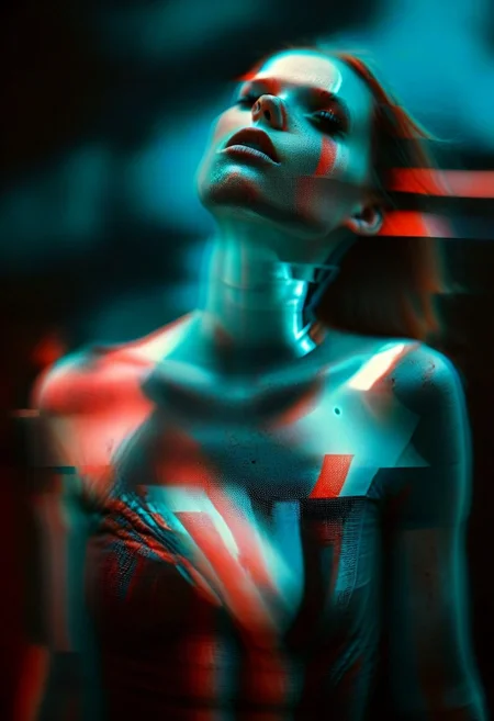 (real life, woman floating in space, seductively looking at the viewer, clean brick red environment, grim style, horror lens effect, jarring optical effect, layered effects, dark shadows, hazy, grainy:1.2), (full body, a woman looking aroused and eager, shocked, dark space, dark natural natural colors, HDR, 5mm:1.2), (glitch art by (Hans Feurer:1.1) and (Roe Ethridge:1.2)), glowing blue on black, hints of yello, dynamic pose