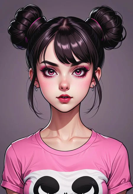 medium shot, (cell shading style: 1.3), centered image, ultra detailed illustration of cute white 23 year old female , black double bun hair and bangs, wears a pink t-shirt, is a vampire, Brown eyes. (tetradic colors), inkpunk, (ink lines: 1.1), strong outlines, art by MSchiffer, bold strokes, no frame, high contrast, (cel-shaded: 1.1), vector, 32k resolution, best quality, colors flat, flat lights