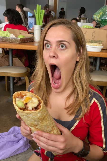 Beautiful professional photograph of a woman with her eyebrows raised high and her jaw dropping, and her big mouth wide open. She is in Taco Bell holding a humongous burrito! Her jaw is dropped wide open and her mouth looks comically huge.