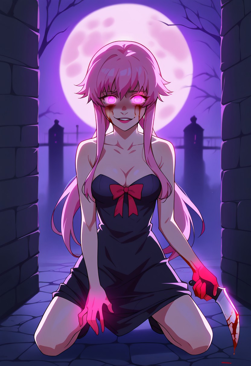 score_9, score_8_up, score_7_up, score_6_up,   <lora:st4t1ctvXLP:1> st4t1ctv, chromatic aberration, dark purple theme, red vignette, 1girl, yuno gasai, long hair, pink eyes, glowing eyes, pink hair, moan, blood on face, blood on hands, low twintails, bare shoulders, black dress, bow, cleavage, collarbone, dress, hair bow, yandere trance, outdoors, dark alley way, night, moon, concept art, realistic, dark theme, low light, dark night, cinematic lighting, (holding knife, stabbing corpse on ground, from behind, from back, scary, killing, kill man, kneeling, dynamic pose)