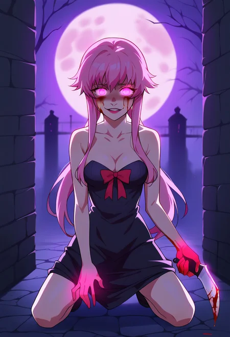 score_9, score_8_up, score_7_up, score_6_up, <lora:st4t1ctvXLP:1> st4t1ctv, chromatic aberration, dark purple theme, red vignette, 1girl, yuno gasai, long hair, pink eyes, glowing eyes, pink hair, moan, blood on face, blood on hands, low twintails, bare shoulders, black dress, bow, cleavage, collarbone, dress, hair bow, yandere trance, outdoors, dark alley way, night, moon, concept art, realistic, dark theme, low light, dark night, cinematic lighting, (holding knife, stabbing corpse on ground, from behind, from back, scary, killing, kill man, kneeling, dynamic pose)