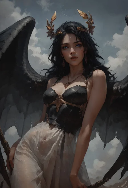 score_9, score_8_up, score_7_up, 1girl, valkyrie in gorgeous armor is holding a spear in hand, (side view, solo:1.1), standing, golden laurel wreath crown, goddess, pale skin, beautiful face, armored dress, wings, looking at viewer, cloudy sky, holy light, light from clouds, fantasy theme <lora:pony/twilight_style:0.8> <lora:pony/expressiveh:0.8> expressiveh <lora:pony/vixon_gothic_oil_style:0.6> d4rk01l <lora:sdxl/sinfully_stylish_sdxl>