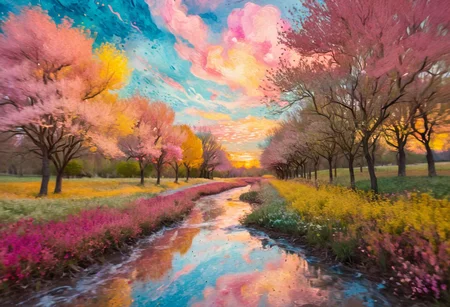 trees swirling with van gogh brushstroke leaves, vibrant color palette, paint splatter flower fields blooming, pointillist style clouds like cotton candy formations, dreamy soft lighting, romantic warm sunset glow, gentle bokeh, whimsical surreal fantasy meadow, meandering brushed stream reflections