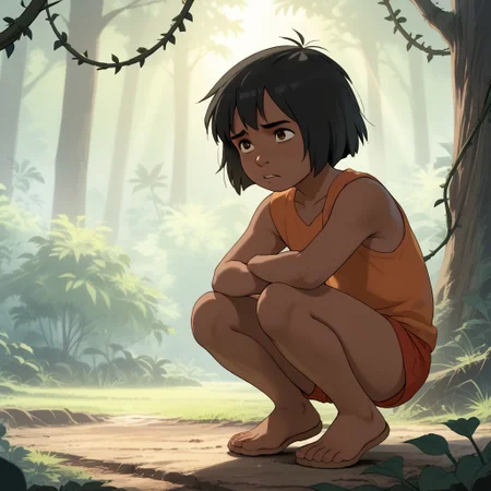 score_9, score_8, score_7, break, solo, mowgli, 1boy, short hair, black hair, dark skin, shorts, animal pelt, squatting, tree, vines, natural lighting, sunlight,