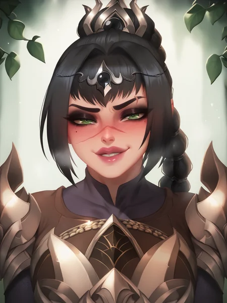 score_9, shadowheart, black hair, braided ponytail, green eyes, scar on face, circlet, pink lips, in heat, smug, narrowed eyes, half-closed eyes, blush, naughty face, evil grin, looking at viewer, armor,
<lora:LuminyuXLLocon:1> <lora:ShadowHeartXL:1>