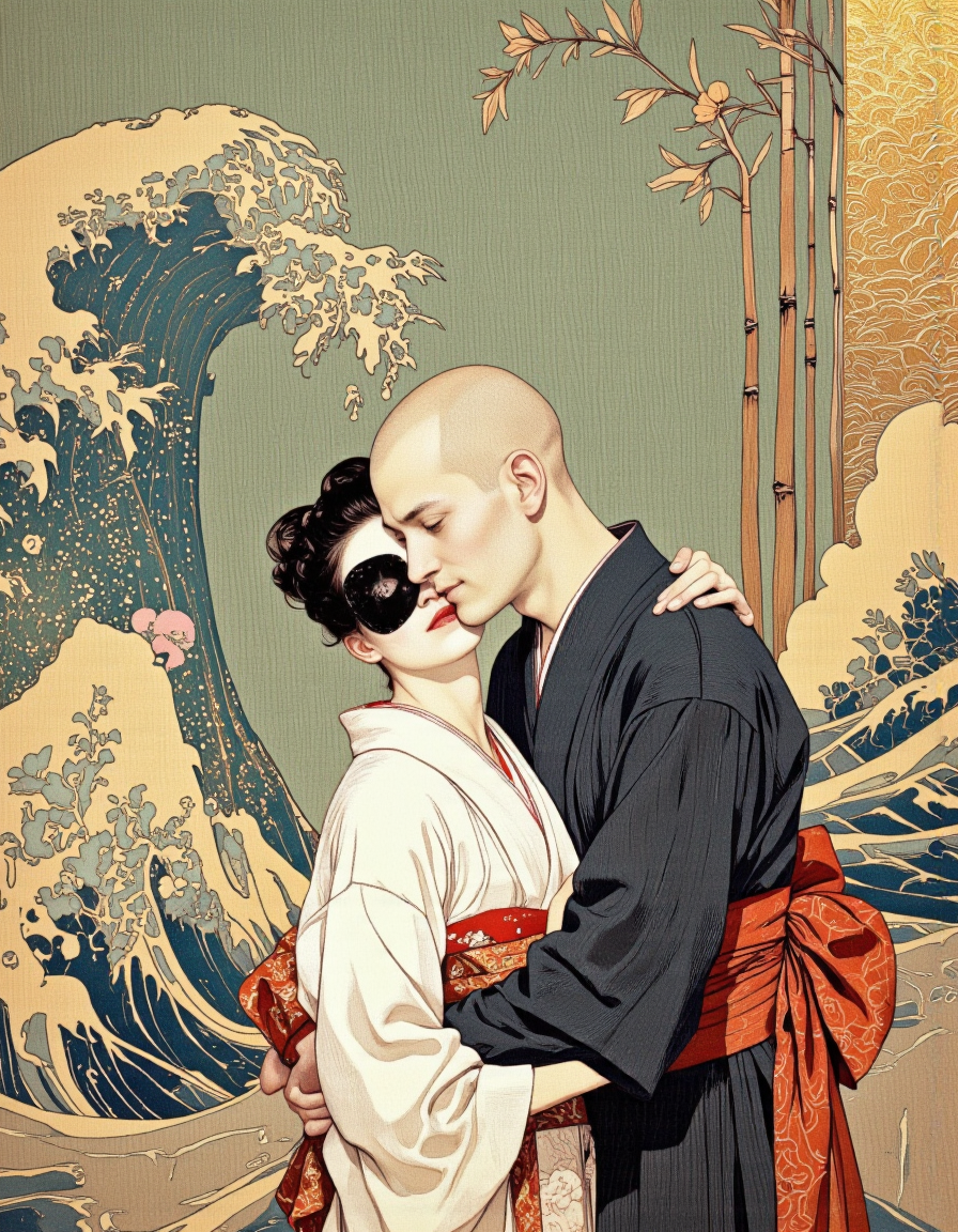 A digitally created, stylized drawing in the traditional Japanese ukiyo-e art style. It features two figures, a man and a woman, positioned closely together in a tender, intimate embrace. The woman, on the left, has a fair complexion and short, dark hair styled in a traditional updo. She wears a white kimono with a red sash, and her eyes are partially obscured by a black patch, giving her a mysterious and alluring appearance. The man, on the right, has a shaved head and a fair complexion. He is dressed in a dark blue kimono with a red sash, and his expression is one of contentment and love, with his eyes closed and a gentle smile on his face. 
The background is a richly detailed, textured scene with a soft, muted color palette. It includes traditional Japanese elements such as stylized waves, flowers, and a decorative pattern resembling bamboo. The colors are primarily pastel shades of green, blue, yellow, and red, with a subtle gold hue. The overall composition and use of traditional Japanese elements evoke a sense of nostalgia and cultural heritage, while the intimate nature of the figures and their embrace suggest a deep emotional connection.