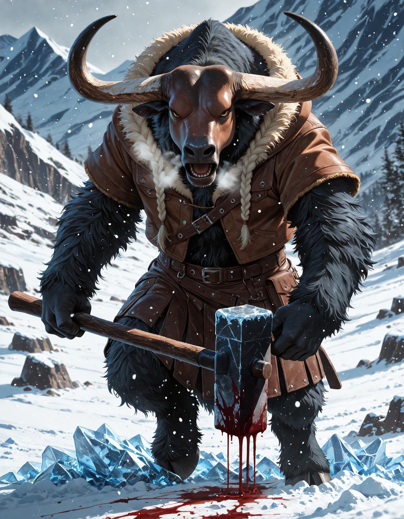 embedding:IllusP0s
,huge anthropomorphic minotaur barbarian, bull head, holding huge sledgehammer covered in blood, leather skirt, angry, serious, v-shaped eyebrows, visible breath, open mouth,braids, huge fur parka
, snowing, frozen tundra, mountains, blizzard
,wide shot, depth of field, realism, no humans, animal focus