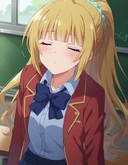 score_9, score_8_up, score_7_up, source_anime,
keikaruizawa, <lora:kei-karuizawa-anime-s2-ponyxl-lora-nochekaiser:1>,
kei karuizawa, long hair, bangs, blunt bangs, blonde hair, shirt, hair ornament, ponytail, scrunchie, blue scrunchie,
skirt, shirt, bow, school uniform, jacket, red jacket, pleated skirt, bowtie, sweater, blue bow, blue shirt,
indoors, classroom, <lora:incoming-kiss-ponyxl-lora-nochekaiser:1>, incoming kiss, blush, closed eyes,
looking at viewer, cowboy shot, dutch angle,