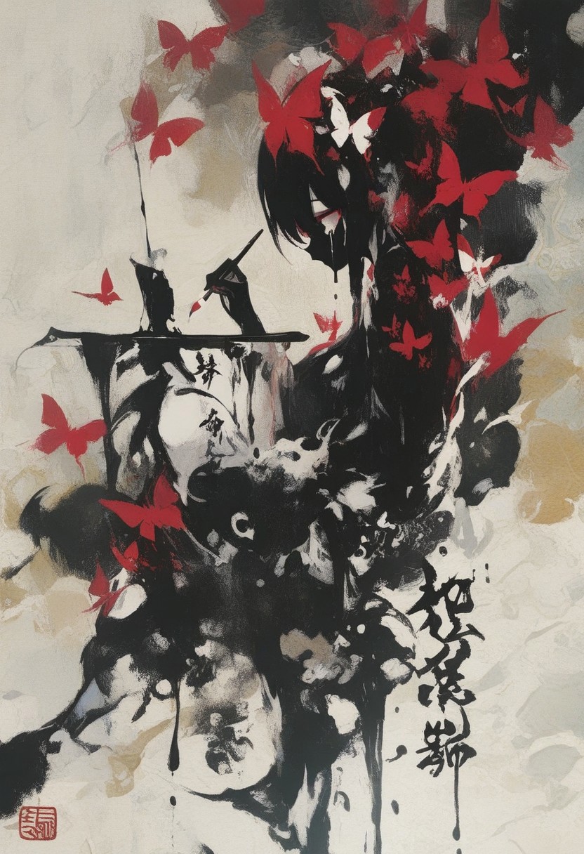 1 girl , writing ,chinese text , paintbrush , butterfly , abstract , abstract background , absurd , dripping paint effect , ((calligraphy)) ,
masterpiece, best quality ,amazing quality , crying_illu ,xxx667_illu , usnr ,