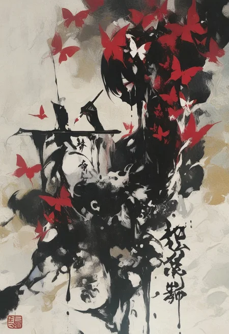 1 girl , writing ,chinese text , paintbrush , butterfly , abstract , abstract background , absurd , dripping paint effect , ((calligraphy)) ,
masterpiece, best quality ,amazing quality , crying_illu ,xxx667_illu , usnr ,