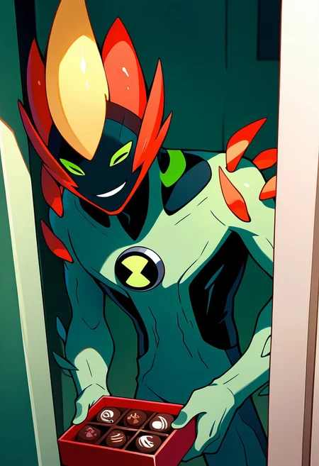 masterpiece, best quality, amazing quality, very aesthetic, absurdres, newest, 
swampfire, colored skin, spikes, colored sclera, 1boy, green skin, green eyes, pokemon (creature), shoulder spikes, no humans, smile,  green background, smiling,,
inside house, holding box of sweets, chocolate box