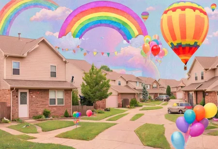 drawing of exaggerated postcard typical suburban area , rainbows, a balloon and other miscellaneous objects, weird caption weirdcore aesthetic <lora:y2kmadmix_v0.0.1:0.85>